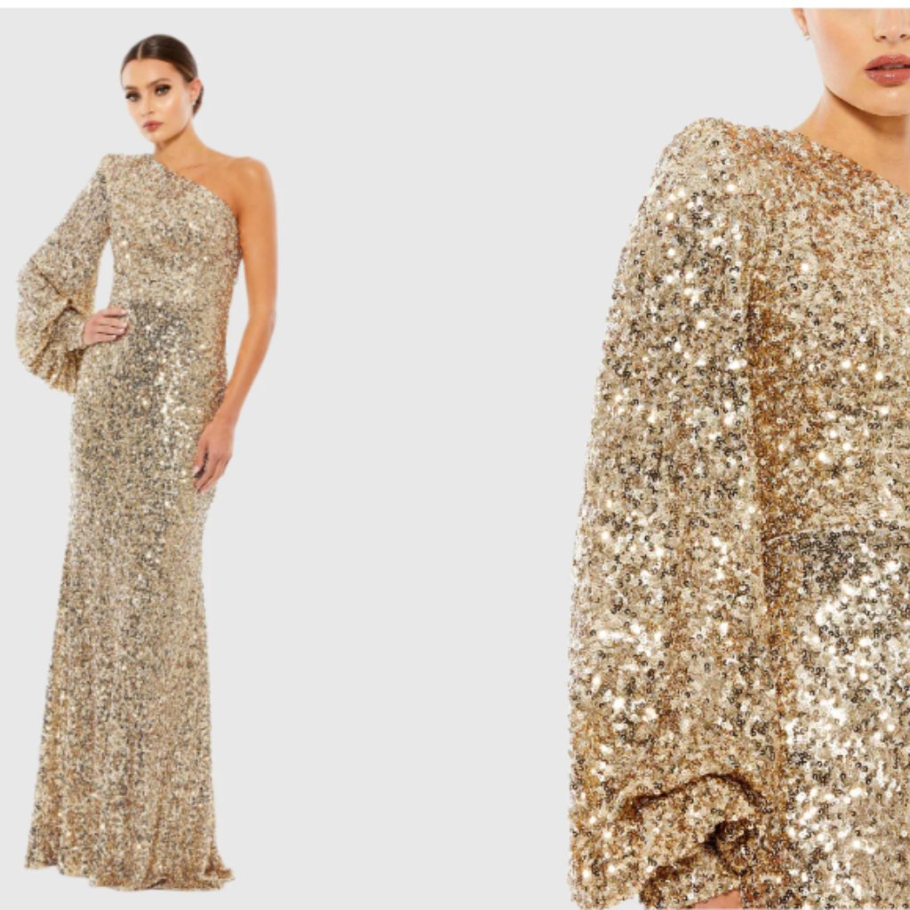 Mac Duggal 26717 Gold Sequined One Shoulder Bishop Sleeve Trumpet Gown Sz 10